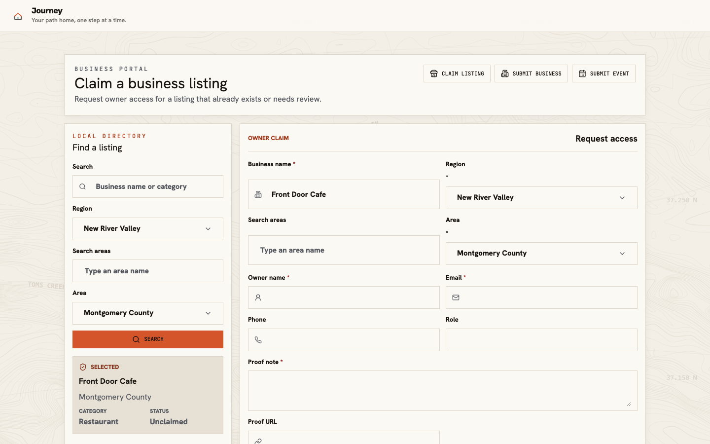 Claim a business listing form with the local directory search on the left, a selected unclaimed cafe, and owner name, email, phone, role, proof note, and proof URL fields