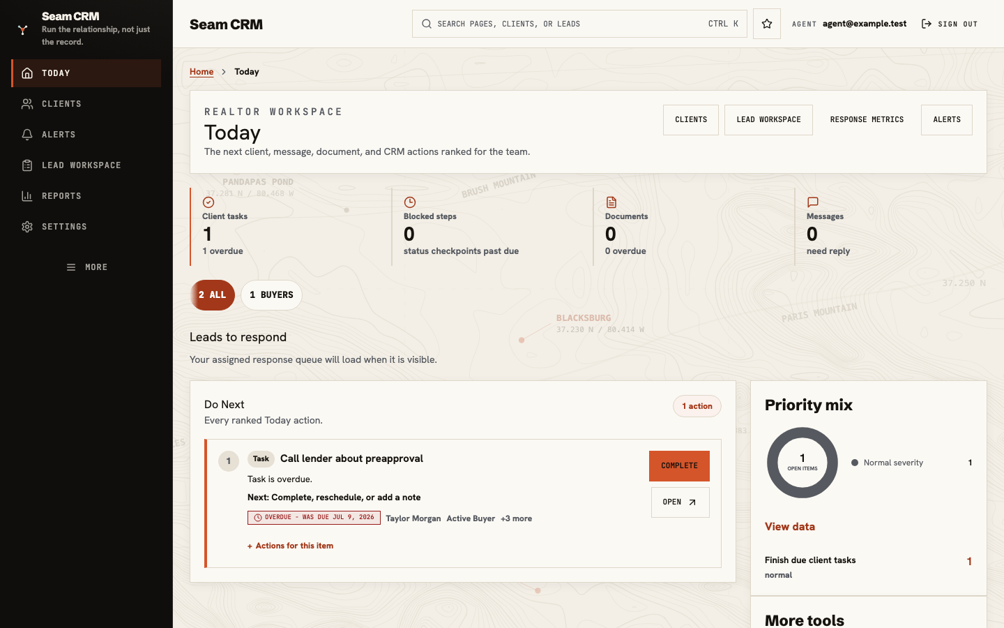Seam CRM Today workspace with a ranked client task, priority summary, and links to client tools