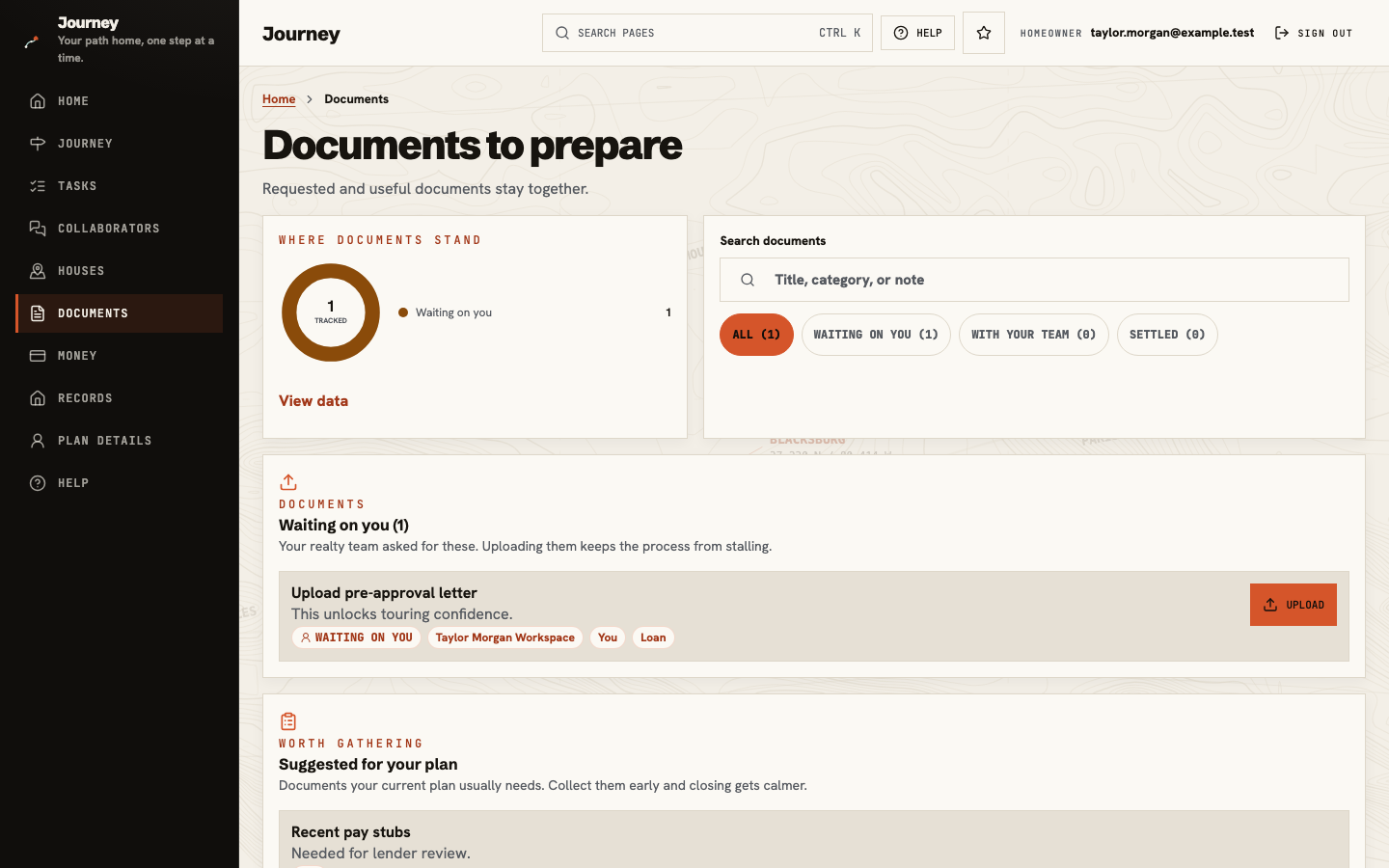 Journey Documents showing one pre-approval request waiting on the client and its Upload action