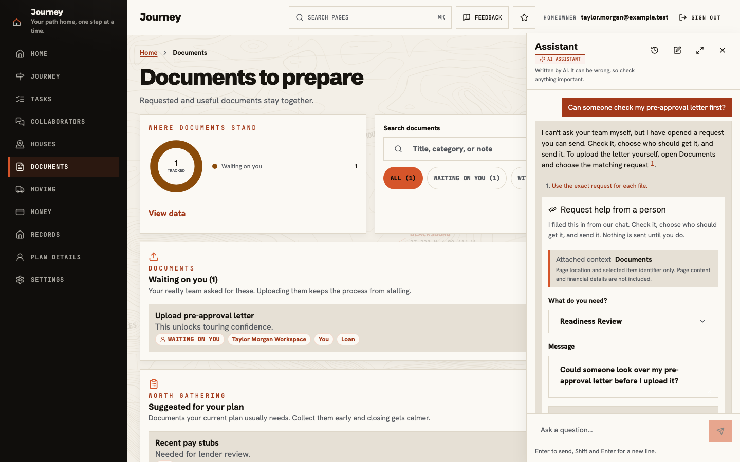 Journey Documents with the Assistant panel open: an AI assistant answer about a pre-approval letter cites a help page, and a request form opens below it already filled in, with nothing sent yet