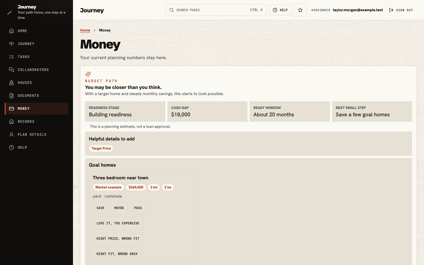 Money and readiness showing the planning stage, a stated cash gap, estimated window, and a saved goal home