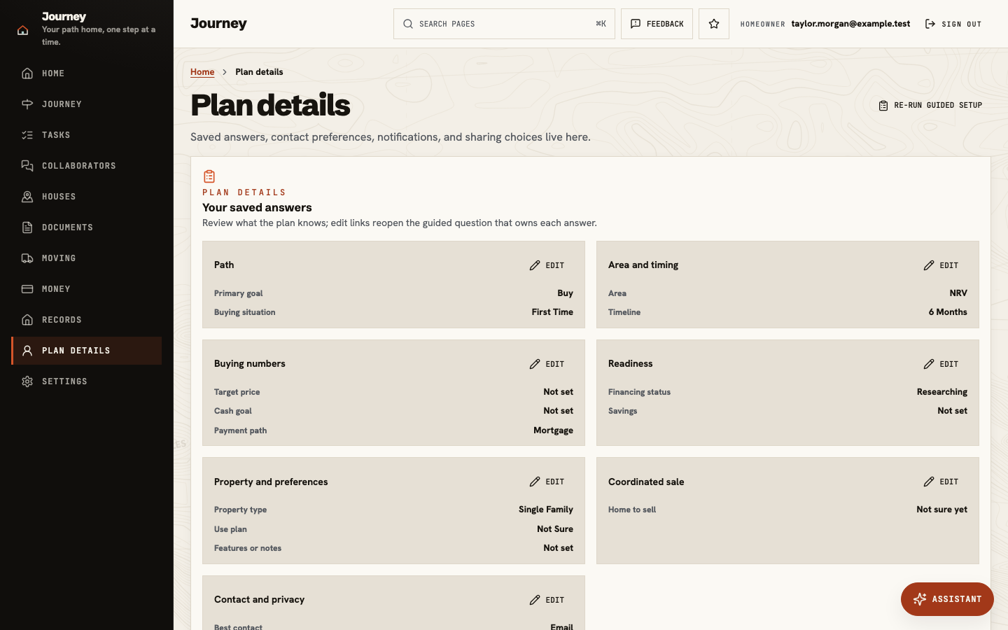 Plan details showing the saved answers for path, area and timing, buying numbers, readiness, and property preferences, each with an Edit control