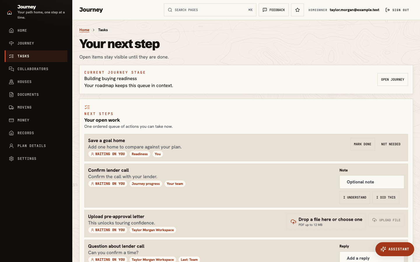 Journey Tasks showing items waiting on the client, a team question, and clear completion actions