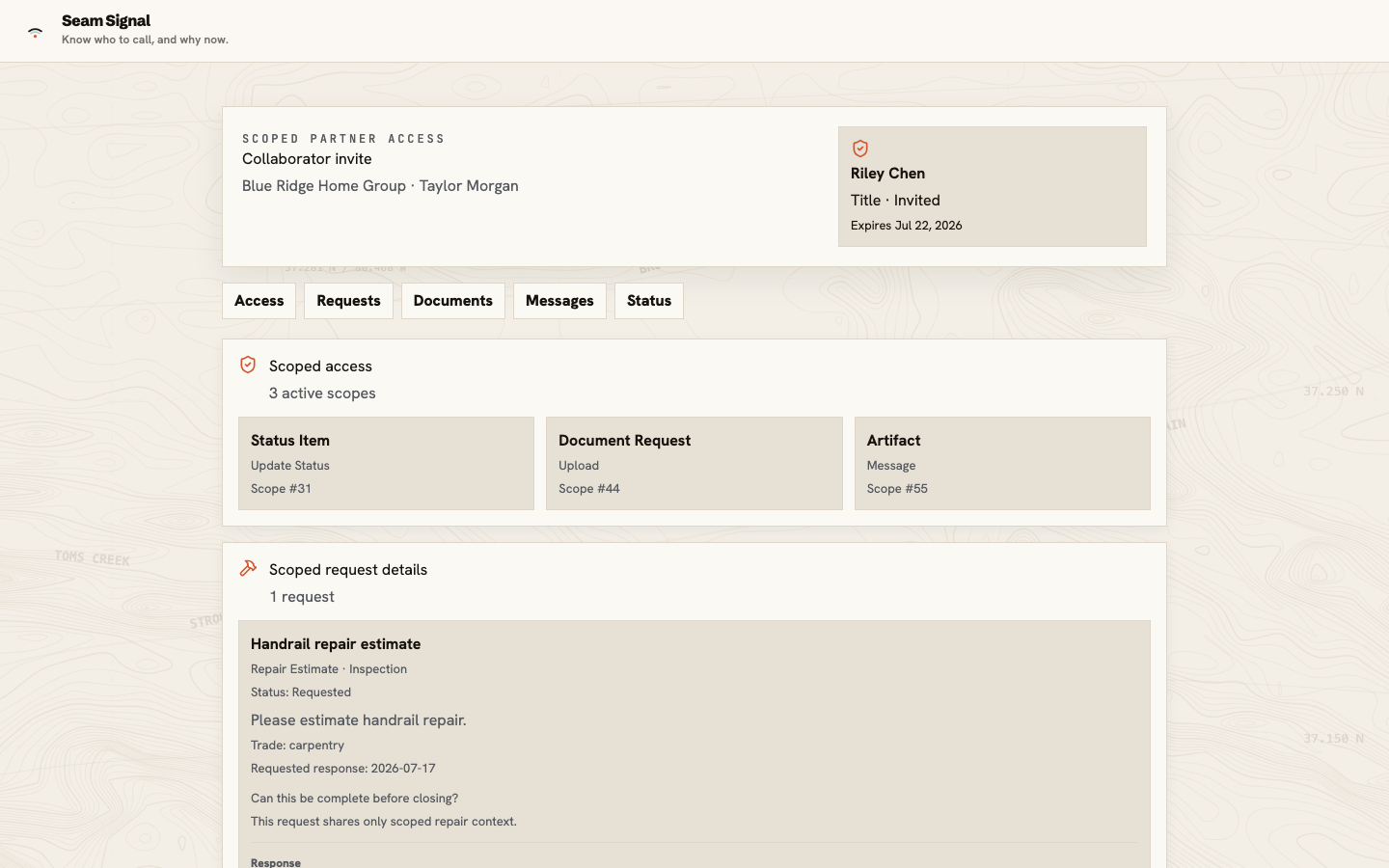 Partner invitation showing the invited person, expiration date, and three limited items they can access