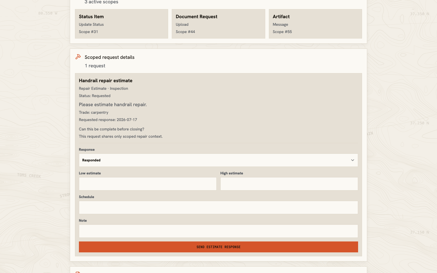 Partner repair request showing the requested work, question, response state, amount range, schedule, and note