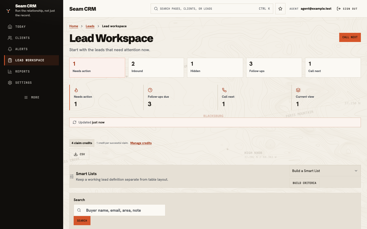Seam Signal Lead Inbox showing lead operations, follow-ups, hot buyers, and search